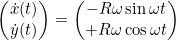 \[\begin{pmatrix}\dot{x}(t)\\\dot{y}(t)\end{pmatrix} = \begin{pmatrix}-R \omega \sin \omega t\\+R \omega \cos \omega t\end{pmatrix}\]